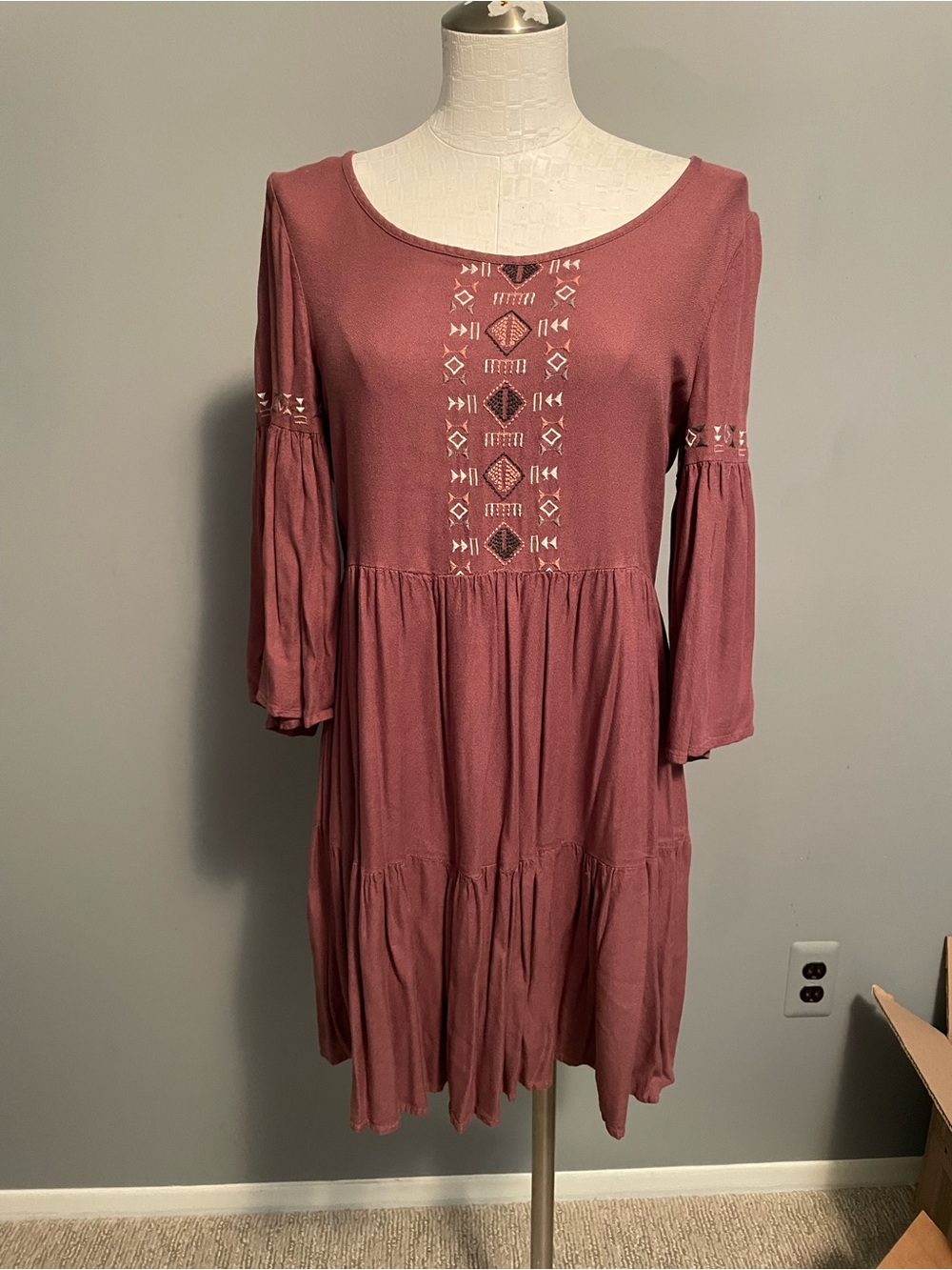 Women's Mauve Embroidered Tiered Dress